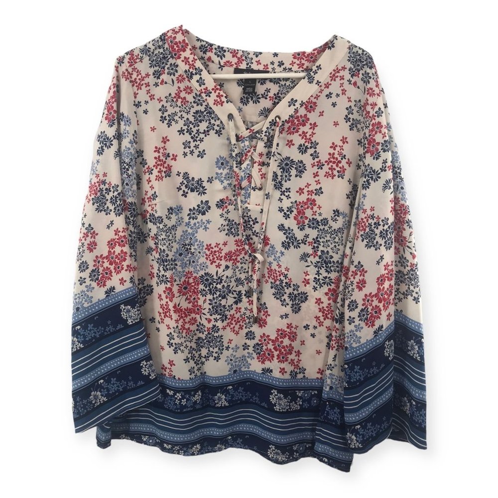 ^ Style & Co. Women's Large NWT Multi-print Side Tie Bell Sleeve Peasant Top